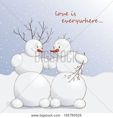 Vector illustration of cute amorous snowmen under the snow with the text