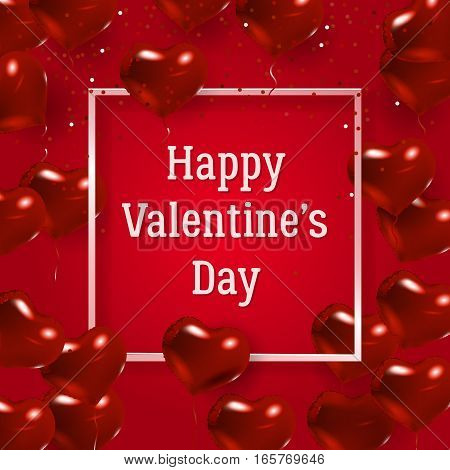 Red background with red hearts. Border with text and balloons. Be My Valentine SMM banner with sign of love
