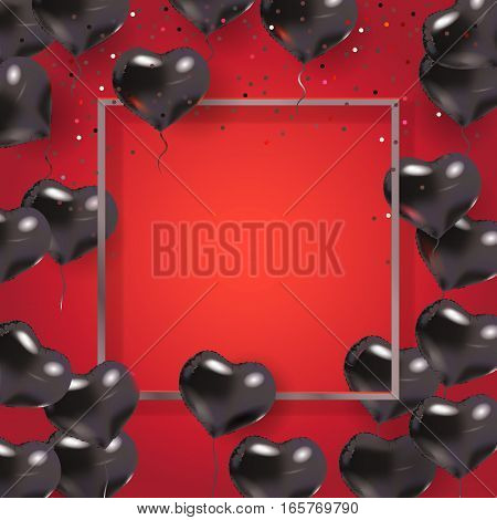 Silver, red, black 3d hearts. Greeting border, balloons. Text place. Be My Valentine banner. Vector illustration