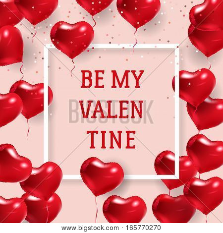 White background with red hearts. Border with text and balloons. Wedding elements. Be My Valentine SMM banner with sign of love
