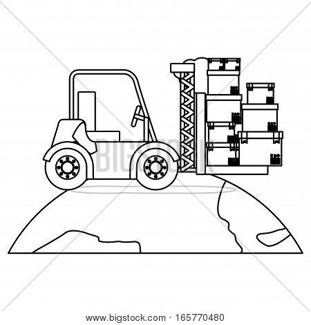 black silhouette contour forklift truck with forks with boxes over the planet vector illustration