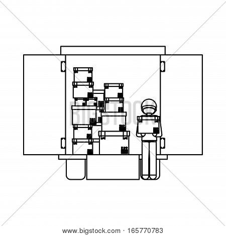 black silhouette contour transport truck with opened vagon with delivery courier vector illustration