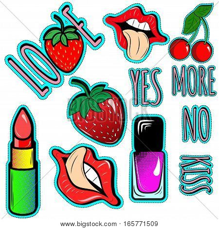 Vector set of fashion fun stickers patch lips lipstick nail polish and other. Icons Set trends patch pin on a white background in a pop art style.Pop art.