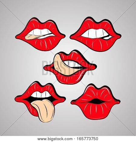 Vector set female red lips in a sketch style.