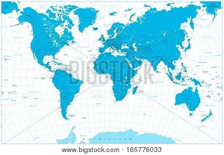 Blue color World Map highly detailed illustration: countries cities graticule water objects names.