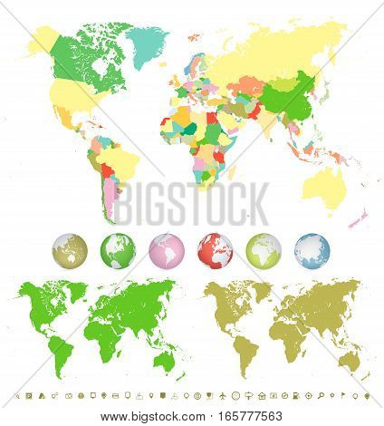 World Maps and colorful 3D globes with navigation icons isolated on white.