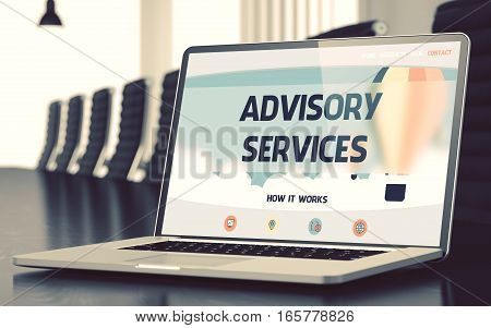 Laptop Display with Advisory Services Concept on Landing Page. Closeup View. Modern Meeting Room Background. Blurred. Toned Image. 3D Illustration.