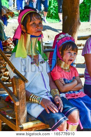 Long-necked Kayan Mother And Daughter In Thailand