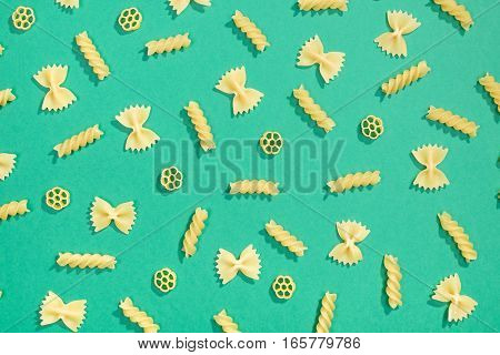 Farfalle, Rotelle And Fusilli Pasta Flat Lay