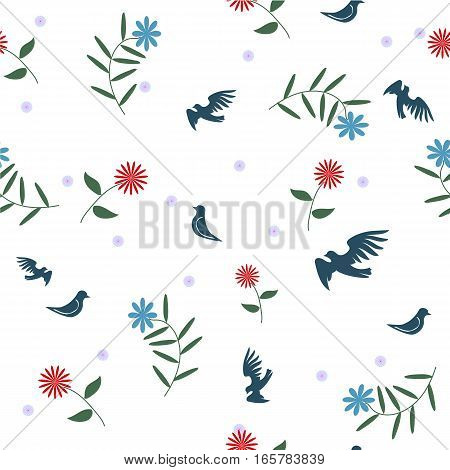 Birds with flowers. Romantic seamless pattern in vector