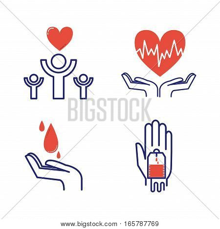 Volunteer icons charity donation vector set. Humanitarian awareness hand hope aid support and assistance care service human symbols. Trust social rescue helping ribbon.