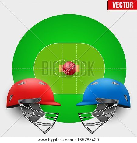 Background of Cricket teams competition. Helmets on field with ball. Vector illustration Isolated on background.