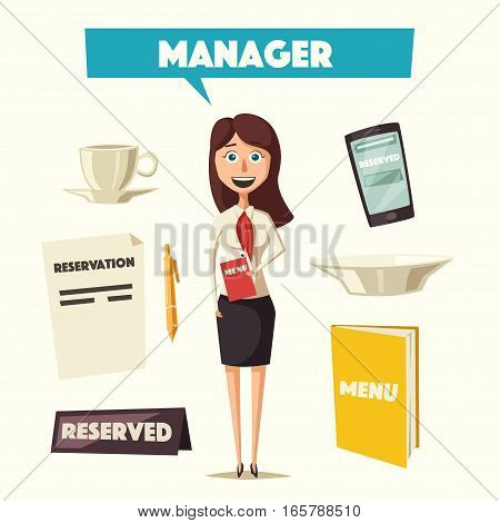 Restaurant manager. Cartoon vectror illustration. Hostess in cafe. Worker. Meet and reserved
