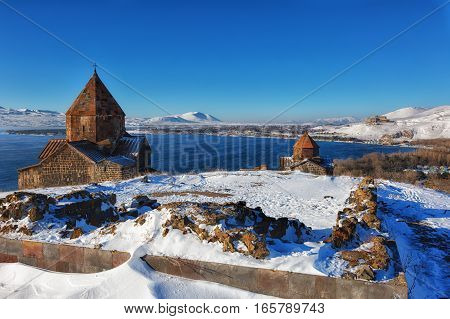 Sevan temple complex on the peninsula of the Lake Sevan Armenia.