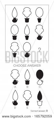 IQ test. Choose correct answer. Logical tasks composed of geometric plant shapes. Vector illustration