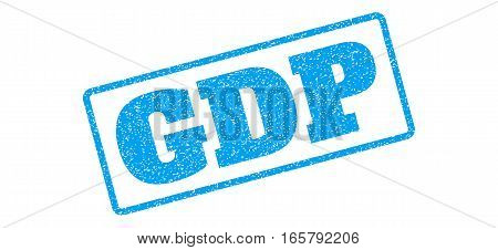 Blue rubber seal stamp with GDP text. Vector tag inside rounded rectangular banner. Grunge design and unclean texture for watermark labels. Inclined emblem on a white background.