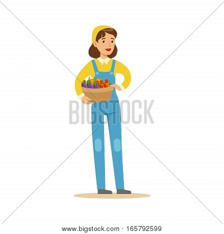 Woman Wirh Basket Of Fresh Vegetables, Farmer Working At The Farm And Selling On Natural Organic Product Market. Cartoon Happpy Character Growing Crops And Animals Professionally Vector Illustration.