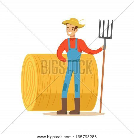 Man With Fork Standing Next To Hay Stack, Farmer Working At The Farm And Selling On Natural Organic Product Market. Cartoon Happpy Character Growing Crops And Animals Professionally Vector Illustration.