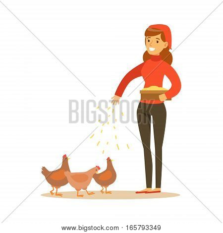 Woman Feeding Chickens, Farmer Working At The Farm And Selling On Natural Organic Product Market. Cartoon Happpy Character Growing Crops And Animals Professionally Vector Illustration.