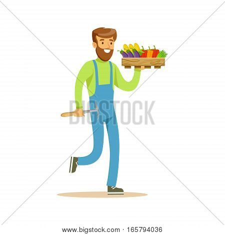 Man With Chopper And Crate Of Fresh Vegetables, Farmer Working At The Farm And Selling On Natural Organic Product Market. Cartoon Happpy Character Growing Crops And Animals Professionally Vector Illustration.