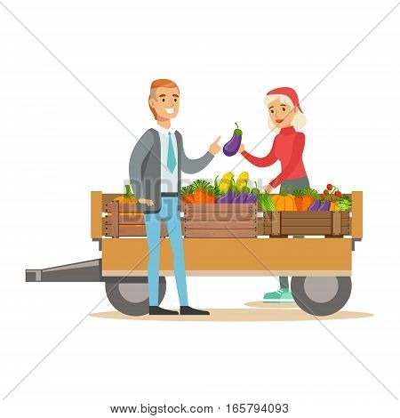 Man Buying Fresh Vegetables From Woman With Farming Cart, Farmer Working At The Farm And Selling On Natural Organic Product Market. Cartoon Happpy Character Growing Crops And Animals Professionally Vector Illustration.