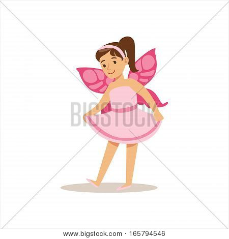 Girl Wearing Pink Fairy Costume, Children In Costume Party Illustration With Happy Smiling Kid At Festival Celebration. Smiling Cartoon Vector Character Having Fun And Dressing Up.