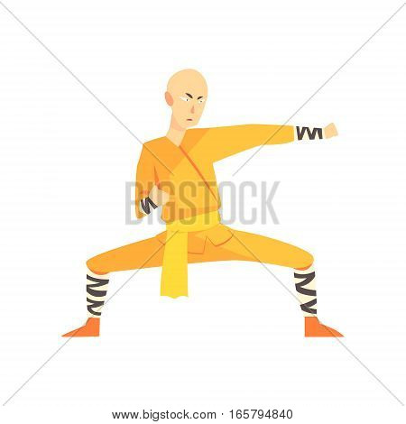Bold Asian Shaolin Monk Kung Fu Martial Arts Fighter, Fighting Sports Professional In Traditional Fighting Sportive Clothing. Fun Geometric Cartoon Character Doing Fighting Element In Special Outfit.