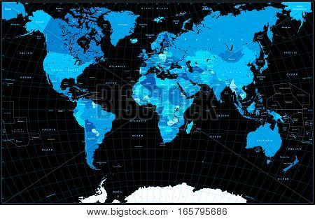 World Map in colors of blue isolated on black. Highly detailed vector illustration.