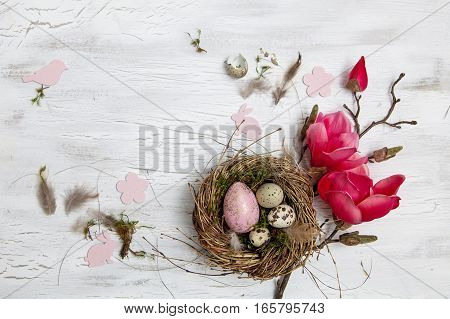 Oster Dekoration Mit Nest Und Ei Auf Weißem Holz Hintergrund
