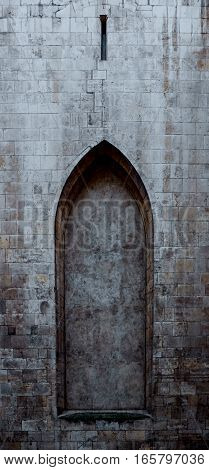 Nightly scene of a mysterious empty door frame allowing no entrance, like a blocked gateway that cannot be passed. The atmosphere is spooky, shady and dark. The arch of the doorframe is pointed, gothic style, and the stone has a pattern resembling marble.