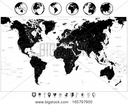 Black World Map and navigation icons isolated on white. Highly detailed map illustration with countries cities and navigation symbols.