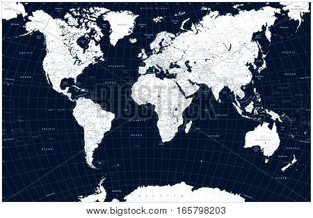 Dark blue color World Map and water objects. Highly detailed vector illustration of World Map.