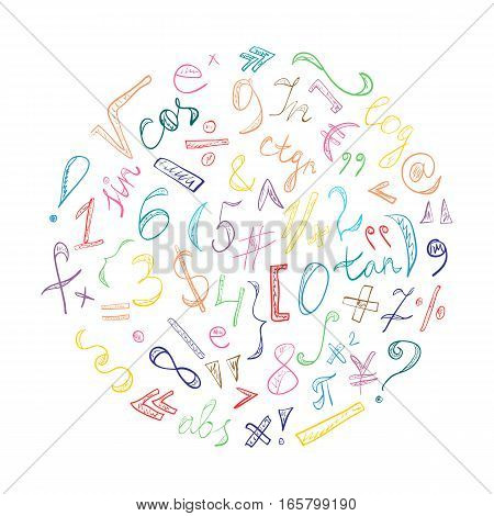 Colorful Hand Drawn Doodle Symbols and Numbers. Scribble Signs Arranged in a Circle. Vector Illustration.