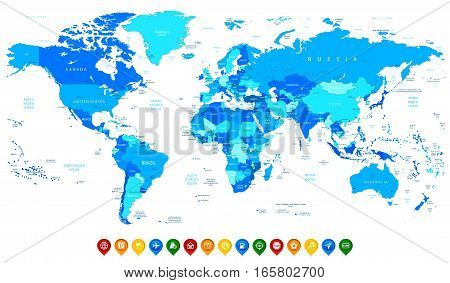 Detailed World map of blue colors and colorful map pointers