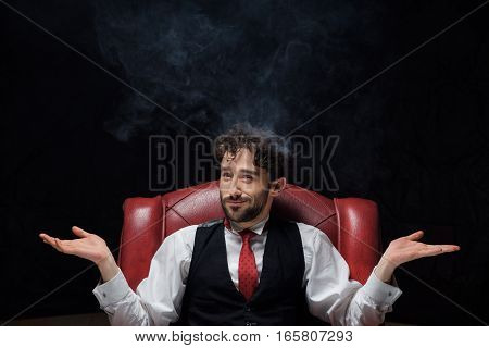 Concept of stress with businessman and smoke in head. Close up