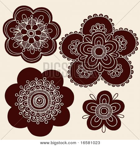Dessinées à la main au henné Mendhi Mandala Paisley Flower Silhouettes Vector Illustration éléments de conception