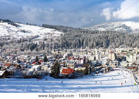 Vatra Dornei in winter time with snow, view from top of the sky slope, romania