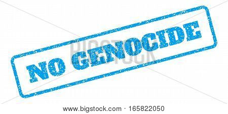 Blue rubber seal stamp with No Genocide text. Vector message inside rounded rectangular banner. Grunge design and unclean texture for watermark labels. Inclined sign on a white background.