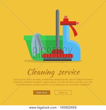 Cleaning service web banner. Basin with duster, broom and glass cleaner icon. Signs of clean in house. House washing equipment. Office and hotel cleaning. Housekeeping. Cleaning concept. Vector