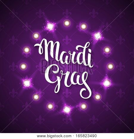 Mardi gras logo. Vector greeting card with hand drawn lettering and fat tuesday symbols.