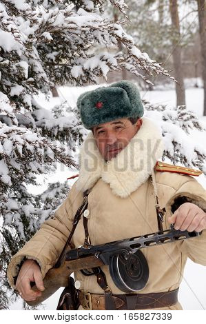 Officer the defender of Stalingrad in winter regimentals reconstruction