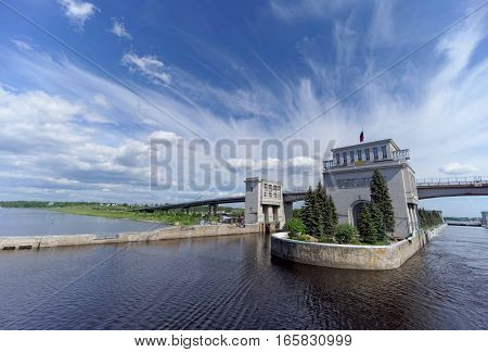 Gorodets, Russia - June 2.2016. View of the lower gateway Gorodetsky to the Volga River