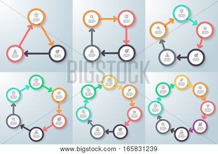 Business infographics. Triangle, square, pentagon, hexagon, heptagon, octagon. Vector charts with 3, 4, 5, 6, 7, 8 steps, arrows.