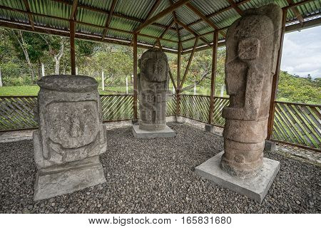 pre-columbian statues at El Tablon archaeological site in Tierradentro Colombia