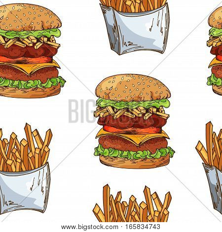 Fast food pattern with taco. Hand draw retro illustration. Vintage design.