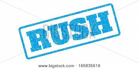 Blue rubber seal stamp with Rush text. Vector caption inside rounded rectangular banner. Grunge design and unclean texture for watermark labels. Inclined sign on a white background.