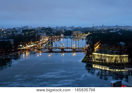 Saint-Petersburg .Russia.December 31 2016.The view from the heights on the river Neva and Embankment in the evening lights in St. Petersburg.