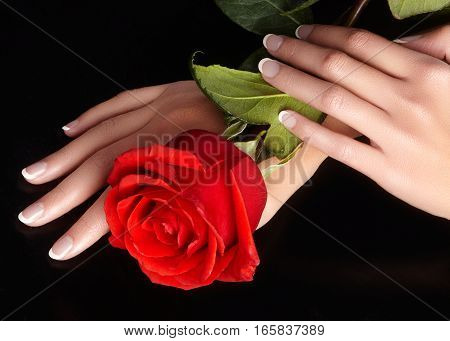 Beautiful female arms with ideal french manicure on black background. Care about female hands healthy soft skin. Spa and cosmetics. Beauty care. Close-up of beautiful famele fingers with nails polish
