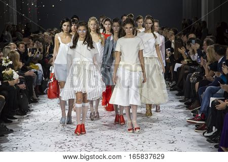 KYIV, UKRAINE - OCTOBER 13, 2016: Models walk the runway at Yana Belyaeva collection show during the 39th Ukrainian Fashion Week at Mystetsky Arsenal in Kyiv