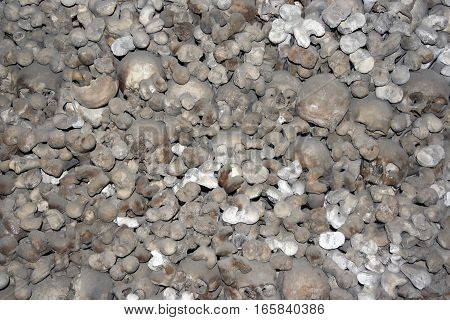 Detail of the human bones and skulls from charnel-house in Mikulov city. Mikulov Moravia Czech republic